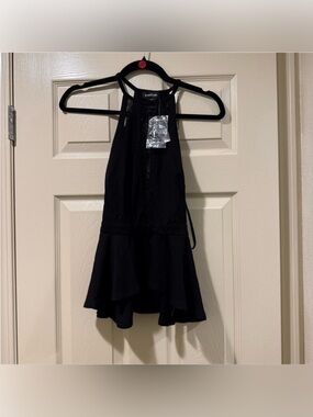 NWT Bebe Black Halter Top Lace Detail Flared Hem XXS